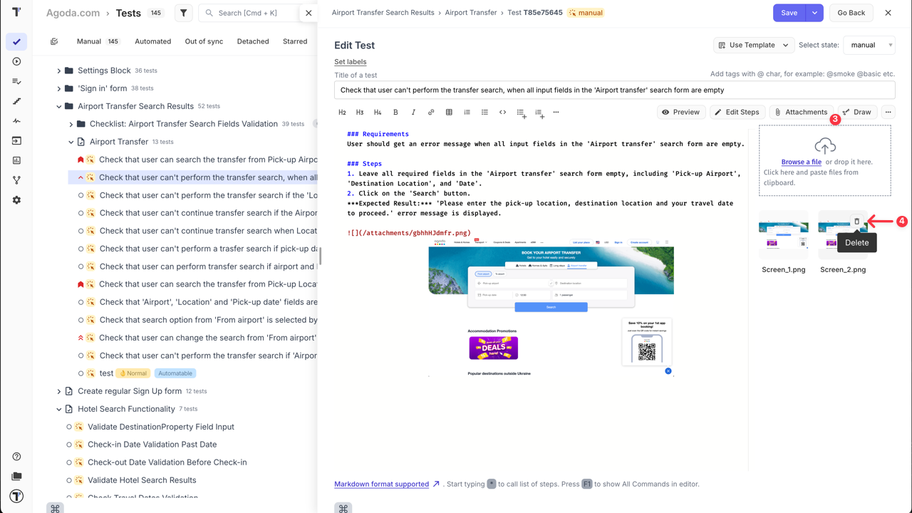 Testomat.io - Delete attachment
