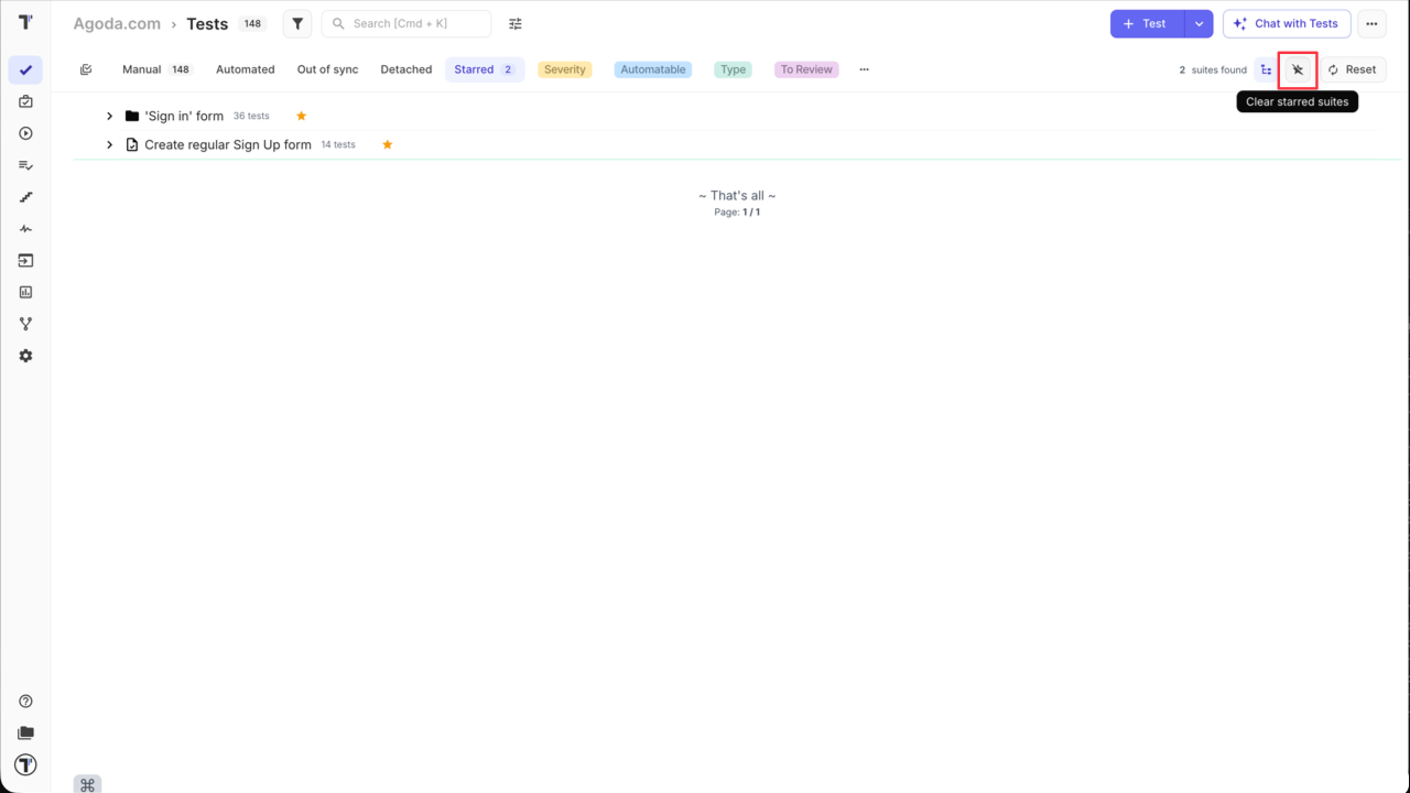 Testomat.io - UnMark Folders & Suites as Favourites